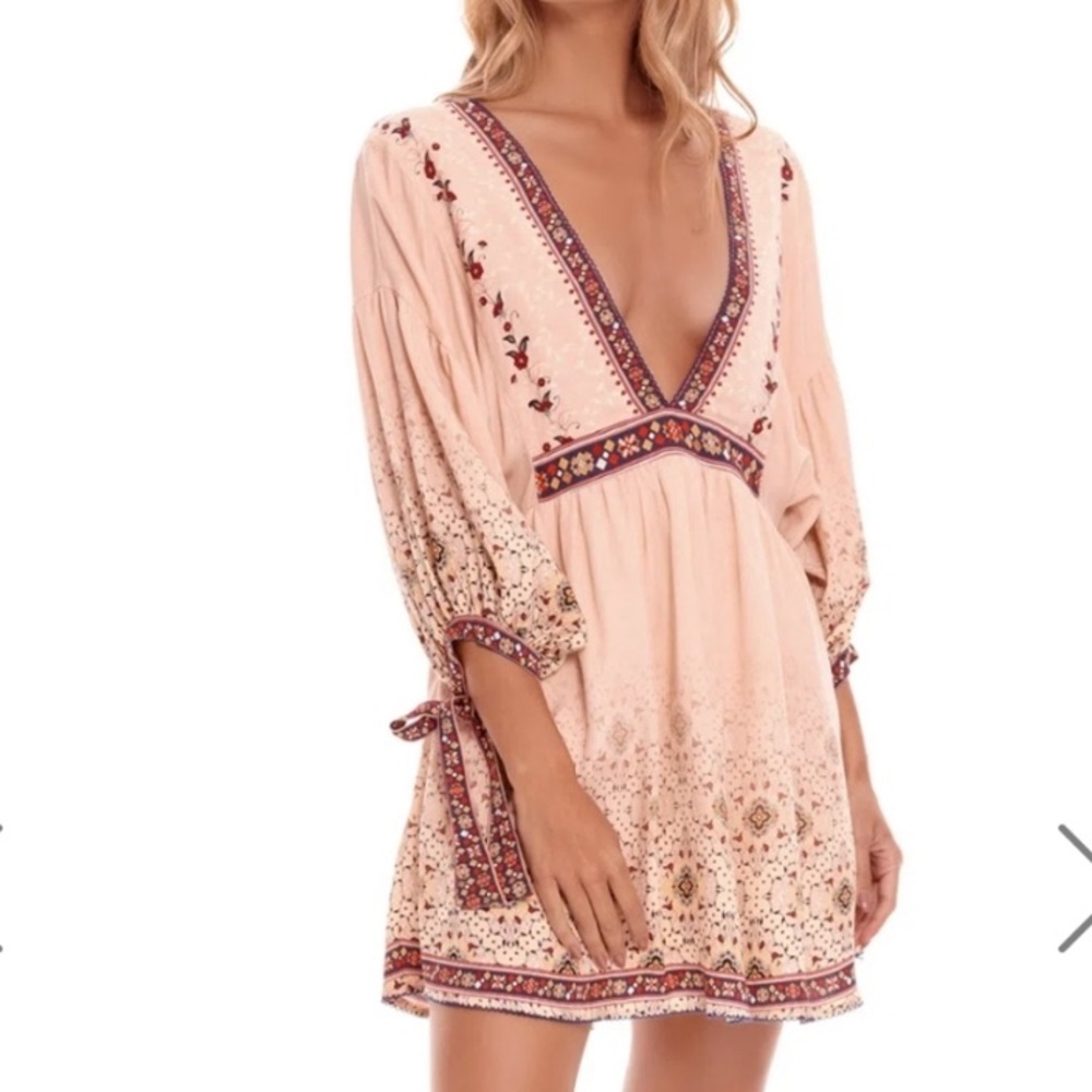 Agua Bendita Alex Kezia Floral Plunge Open Back Mini Dress Size S boho summer